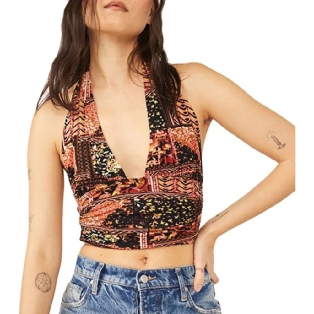 Free People Heather Print Bronze Combo Boho Halter Top Plunging Neckline LG NWT - Picture 3 of 11